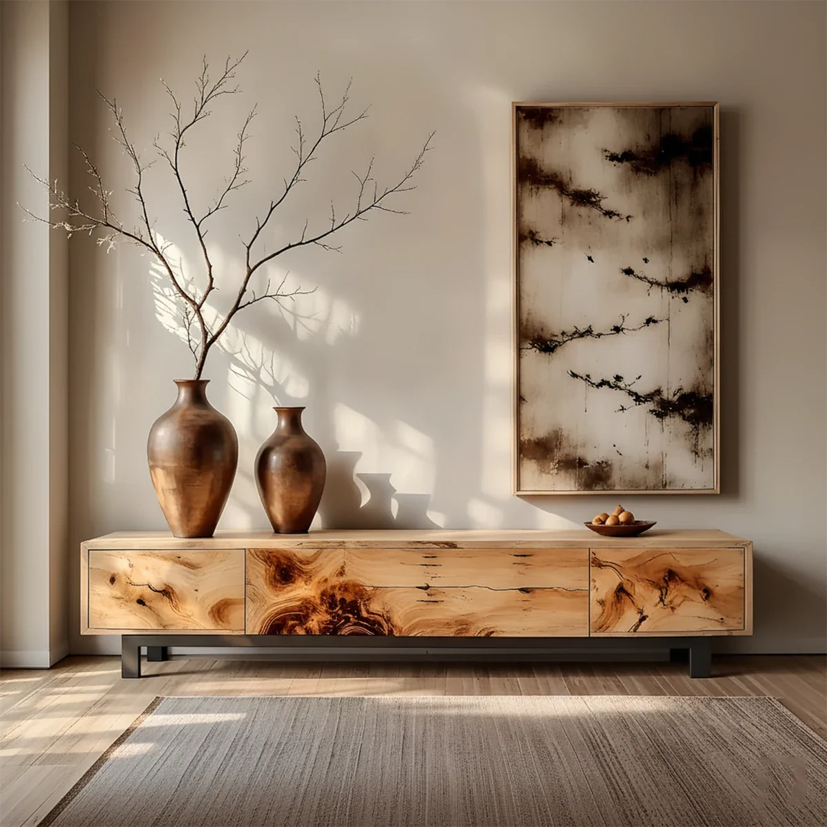 Natural Burl Grain Solid Wood TV Stand – Japandi Art Console - Rustira