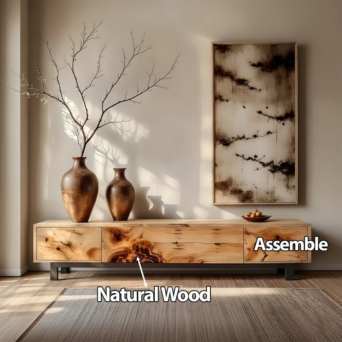 Natural Burl Grain Solid Wood TV Stand – Japandi Art Console - Rustira