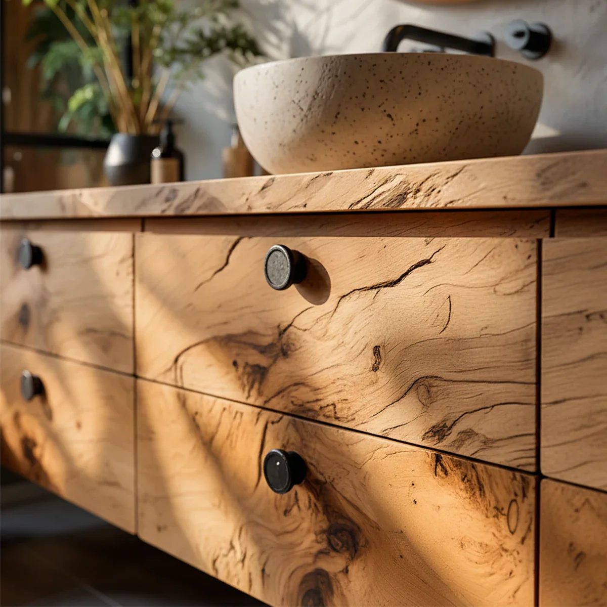 Natural Knotted Wood Floating Vanity with Round Mirror - Rustira