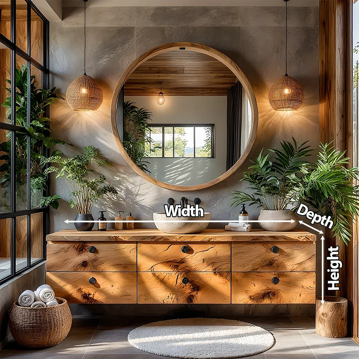 Natural Knotted Wood Floating Vanity with Round Mirror - Rustira