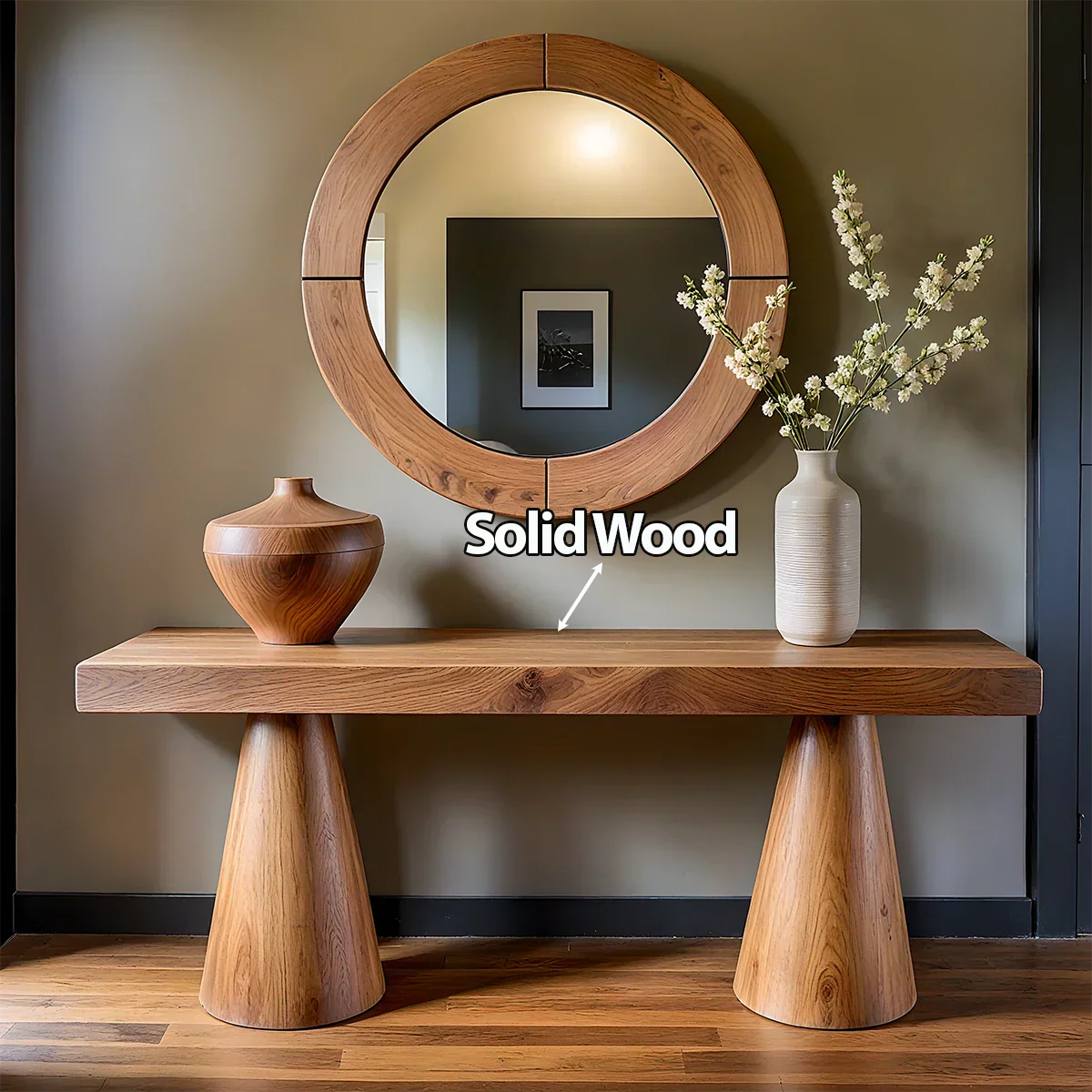 Natural Solid Wood Console with Tapered Sculptural Bases – Modern Japandi - Rustirawood
