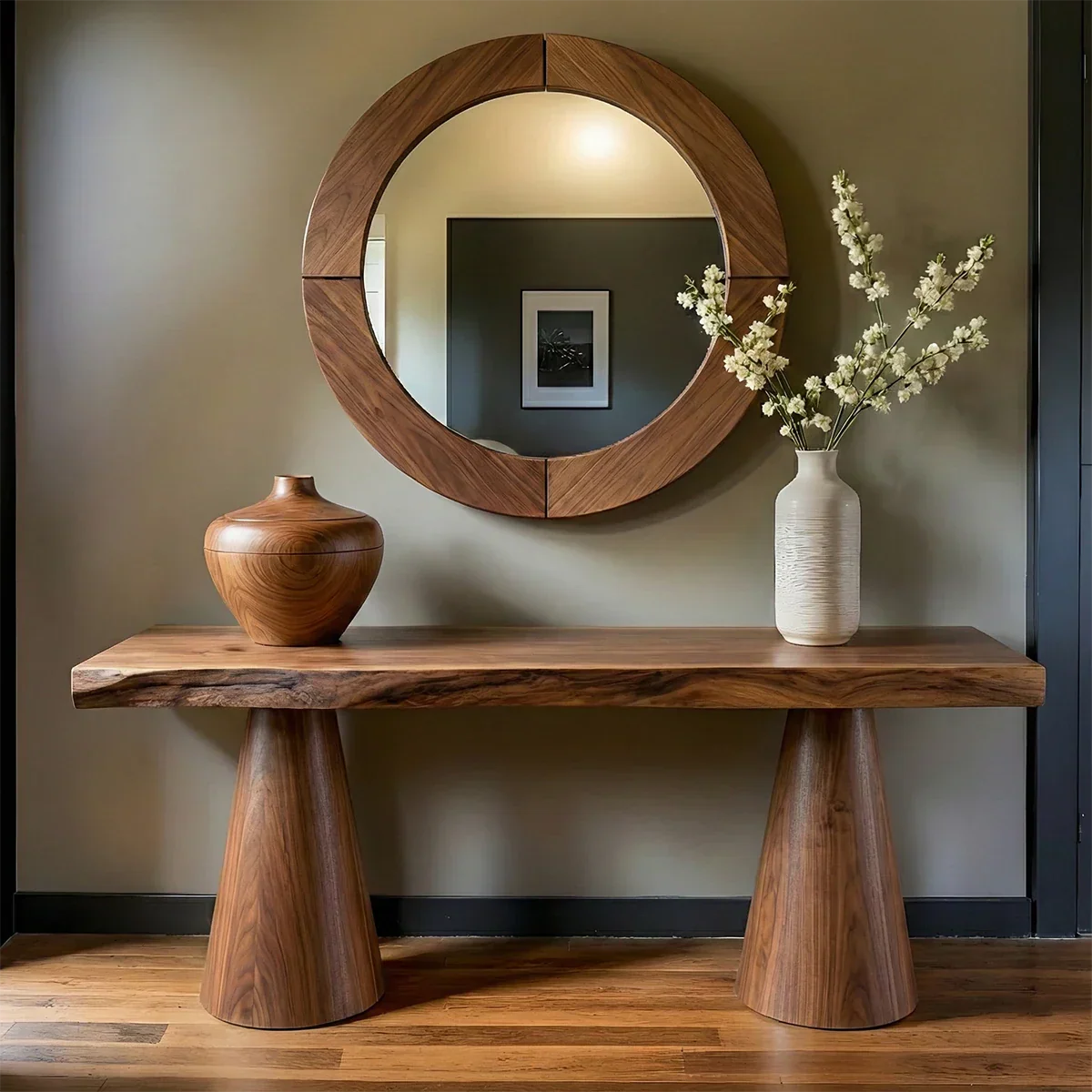 Natural Solid Wood Console with Tapered Sculptural Bases – Modern Japandi - Rustirawood