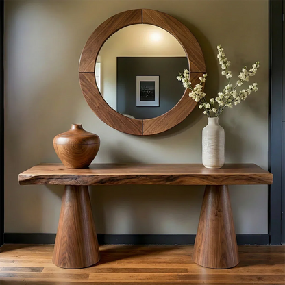 Natural Solid Wood Console with Tapered Sculptural Bases – Modern Japandi - Rustirawood