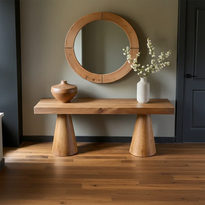 Natural Solid Wood Console with Tapered Sculptural Bases – Modern Japandi - Rustirawood