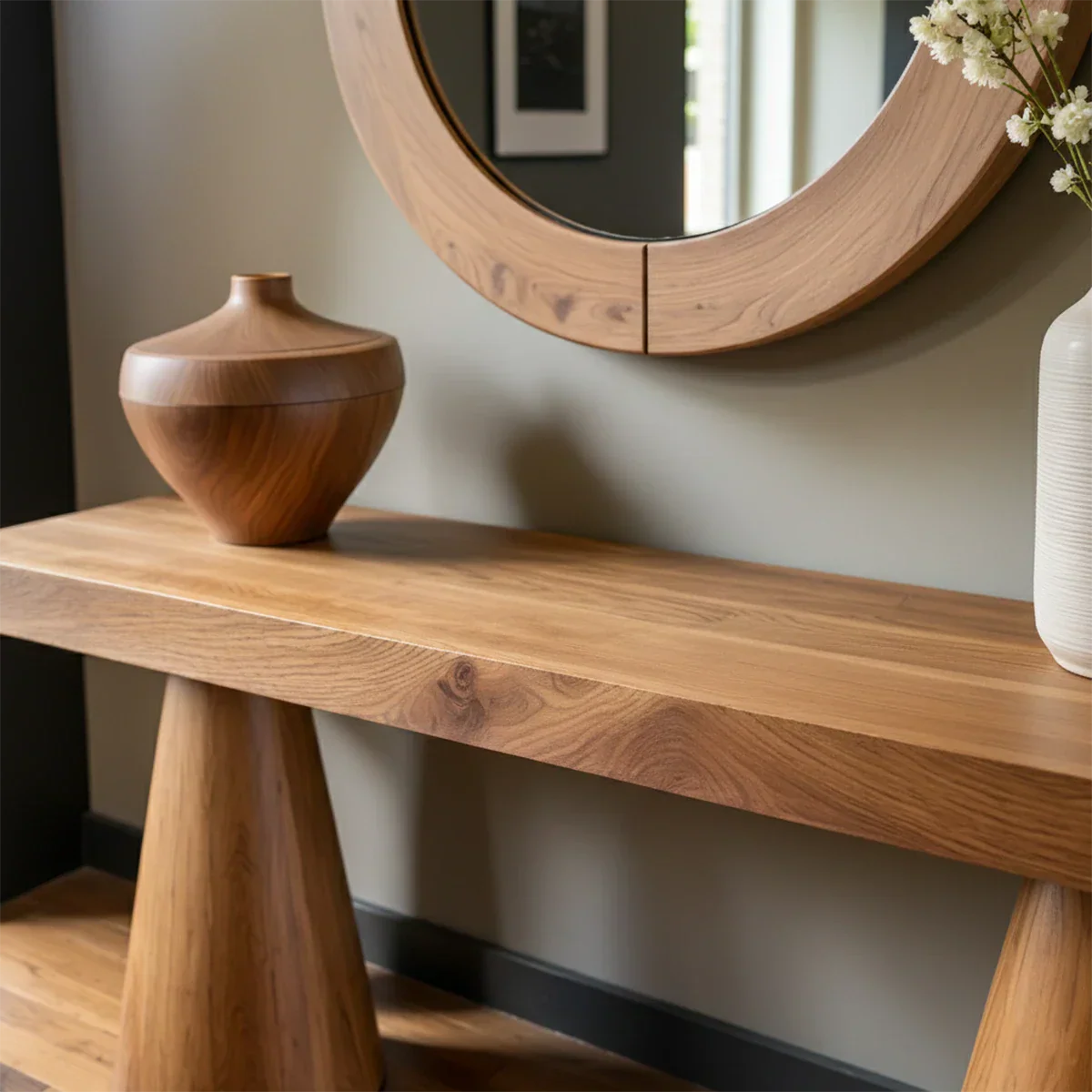 Natural Solid Wood Console with Tapered Sculptural Bases – Modern Japandi - Rustirawood