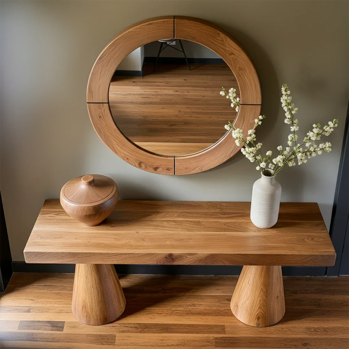 Natural Solid Wood Console with Tapered Sculptural Bases – Modern Japandi - Rustirawood