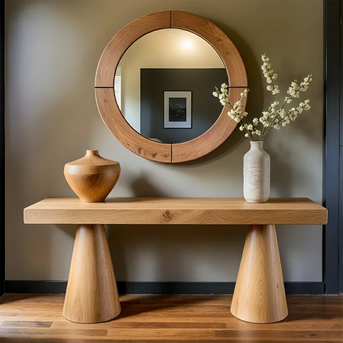 Natural Solid Wood Console with Tapered Sculptural Bases – Modern Japandi - Rustirawood