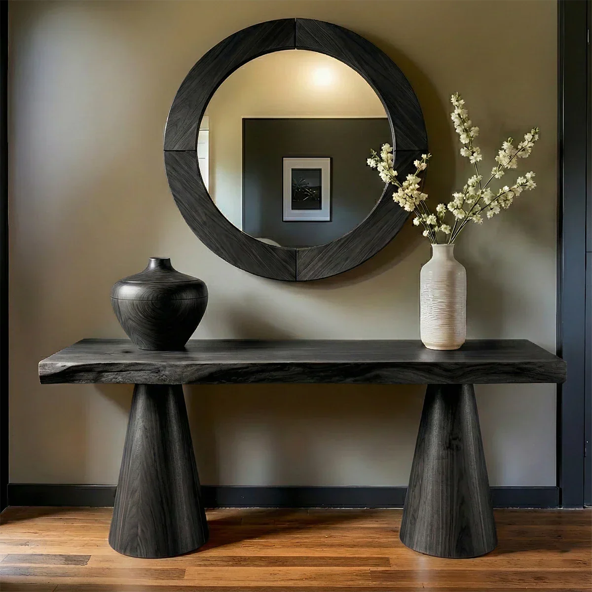 Natural Solid Wood Console with Tapered Sculptural Bases – Modern Japandi - Rustirawood