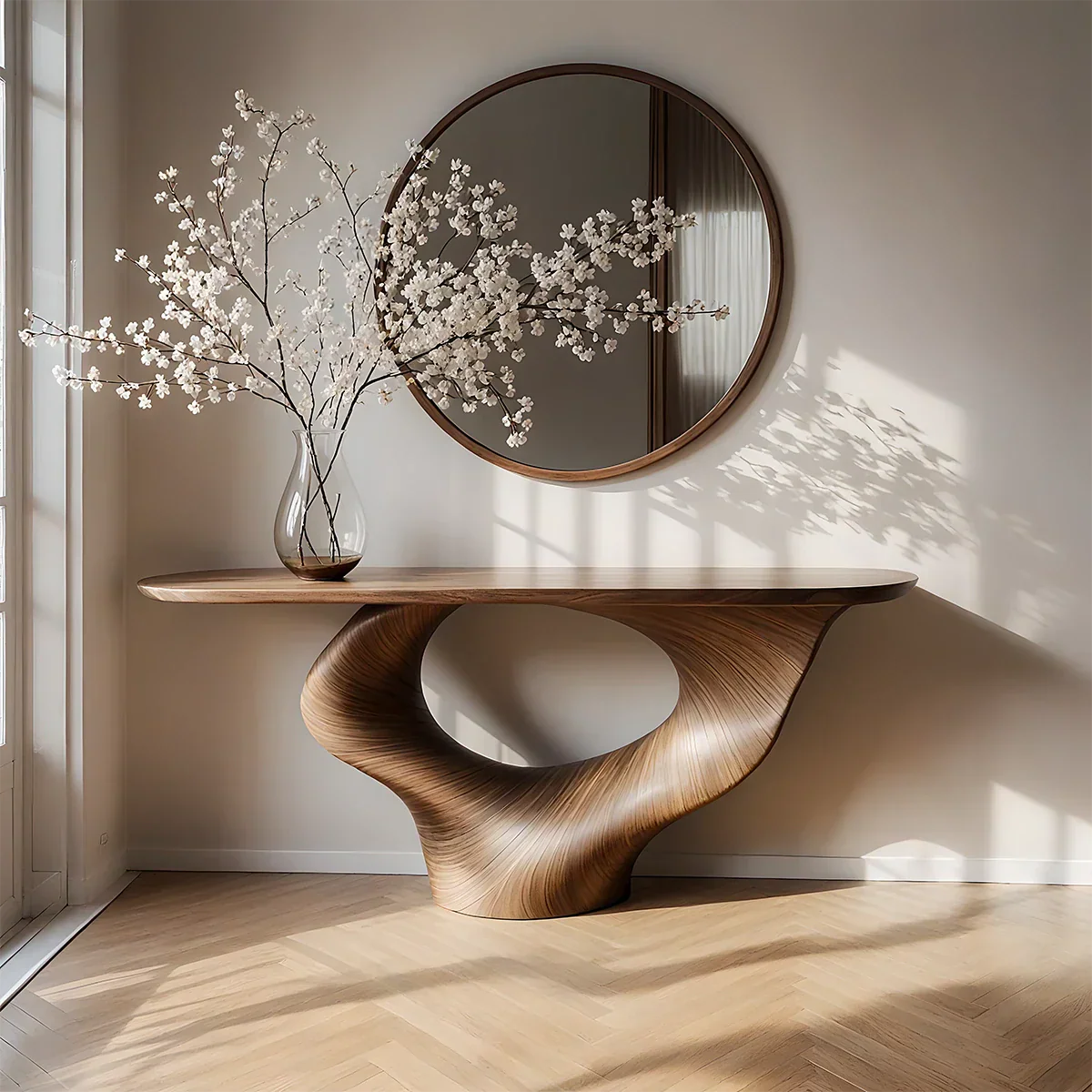 Natural Solid Wood Curved Sculptural Console – Japandi Modern Elegance - Rustirawood