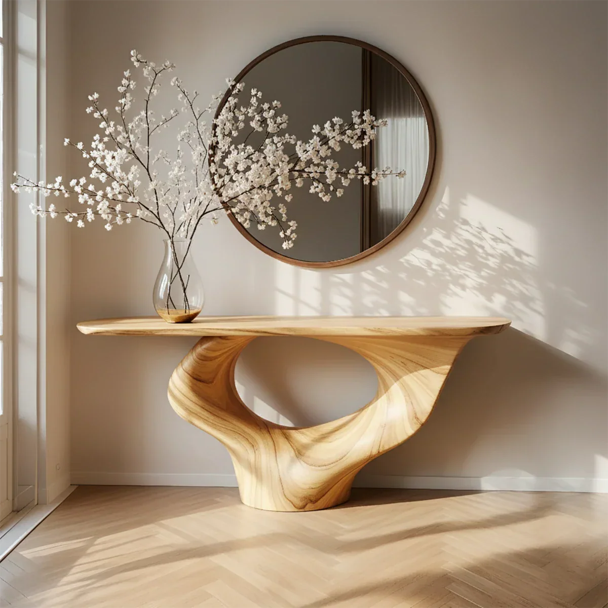 Natural Solid Wood Curved Sculptural Console – Japandi Modern Elegance - Rustirawood