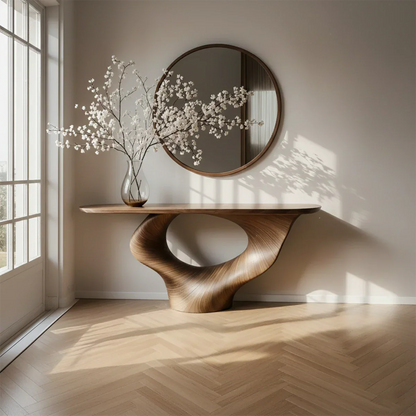 Natural Solid Wood Curved Sculptural Console – Japandi Modern Elegance - Rustirawood