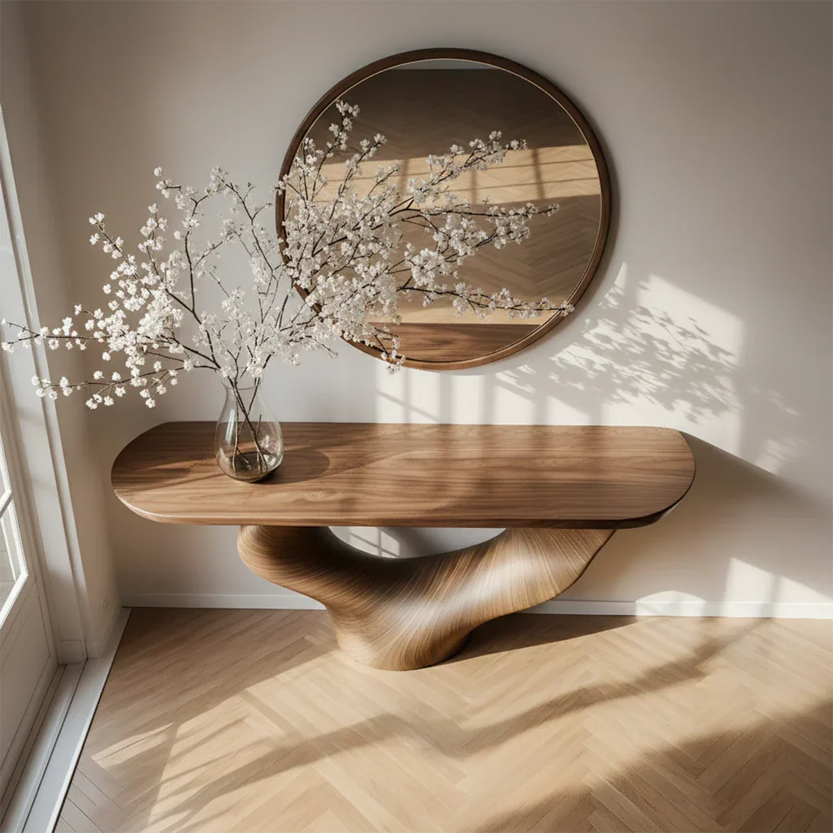 Natural Solid Wood Curved Sculptural Console – Japandi Modern Elegance - Rustirawood