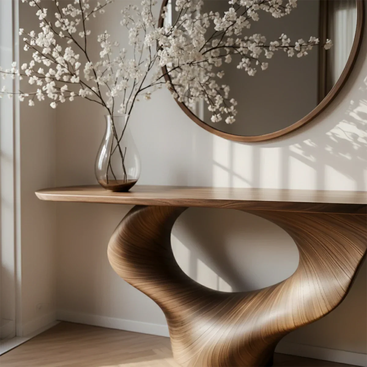 Natural Solid Wood Curved Sculptural Console – Japandi Modern Elegance - Rustirawood