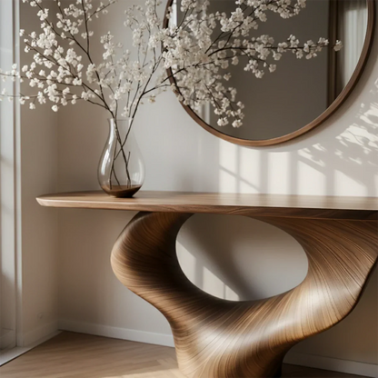 Natural Solid Wood Curved Sculptural Console – Japandi Modern Elegance - Rustirawood