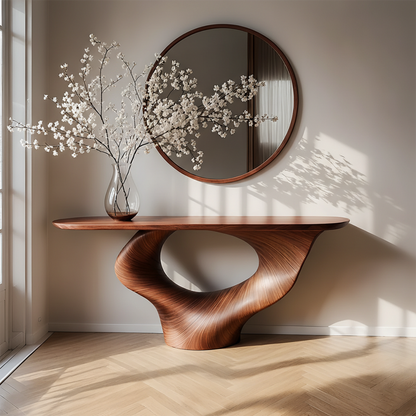 Natural Solid Wood Curved Sculptural Console – Japandi Modern Elegance - Rustirawood