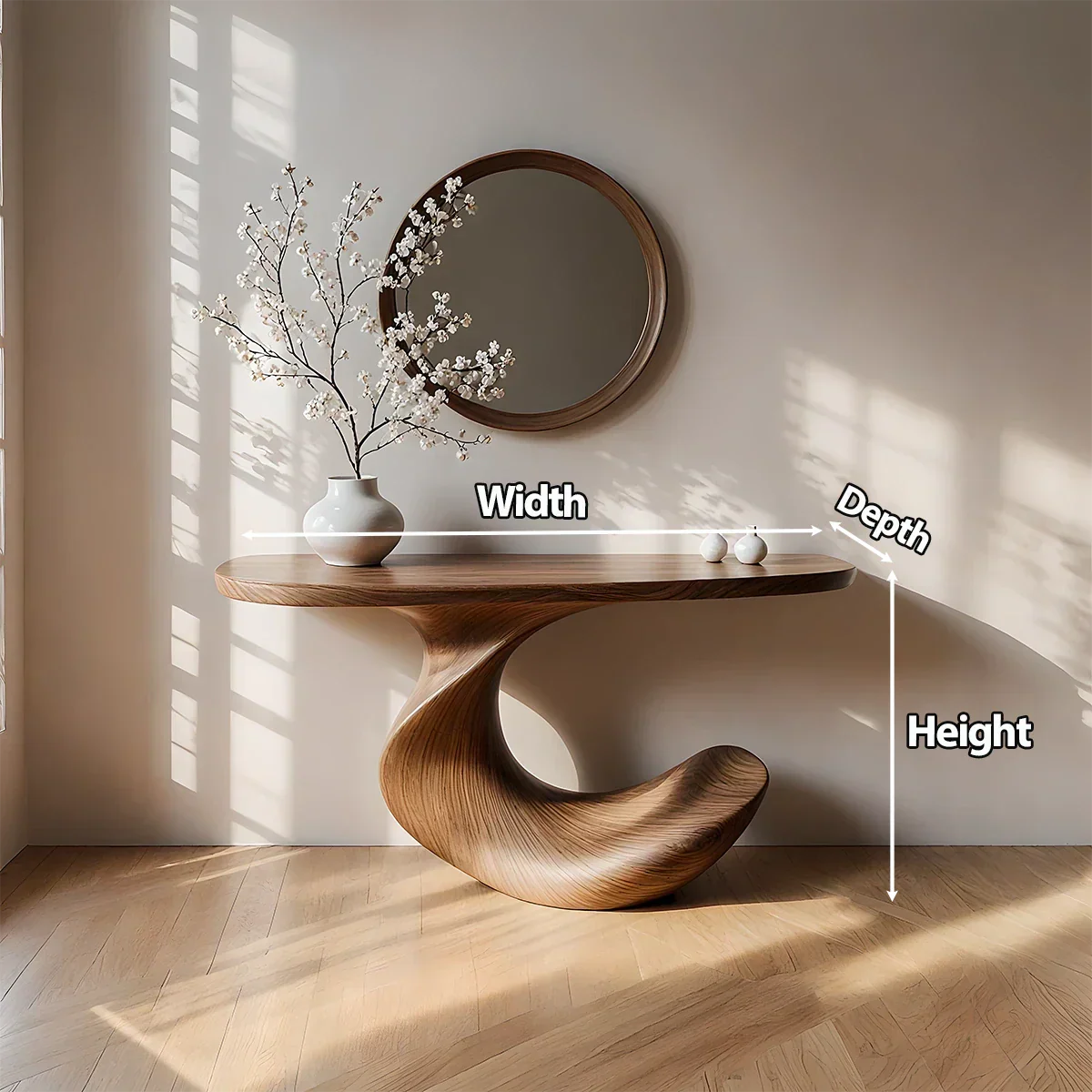 Natural Solid Wood Curved Sculptural Console in Modern Flow Design - Rustirawood