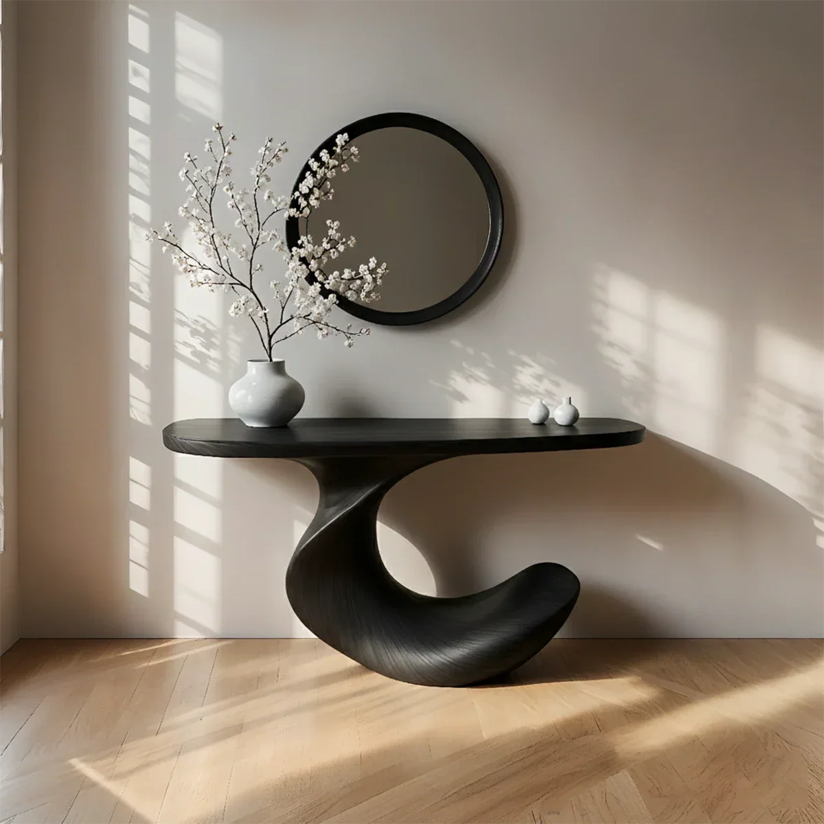 Natural Solid Wood Curved Sculptural Console in Modern Flow Design - Rustirawood