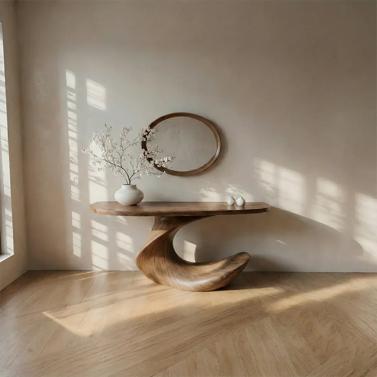 Natural Solid Wood Curved Sculptural Console in Modern Flow Design - Rustirawood