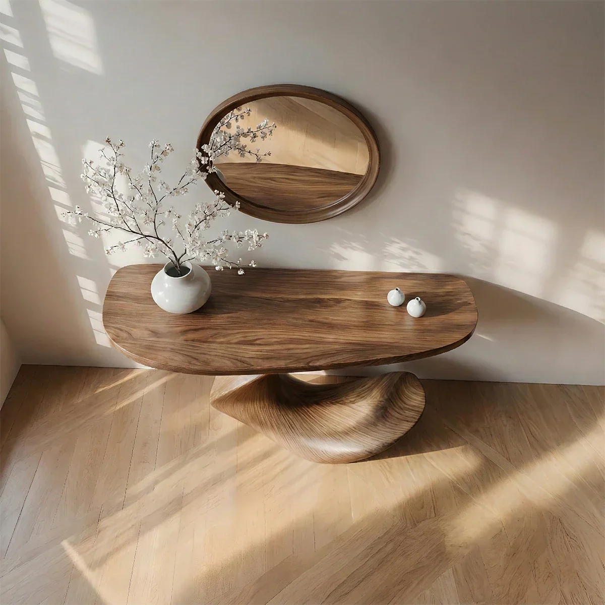 Natural Solid Wood Curved Sculptural Console in Modern Flow Design - Rustirawood