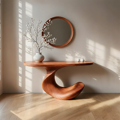 Natural Solid Wood Curved Sculptural Console in Modern Flow Design - Rustirawood