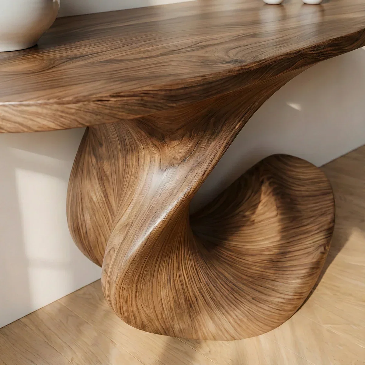 Natural Solid Wood Curved Sculptural Console in Modern Flow Design - Rustirawood
