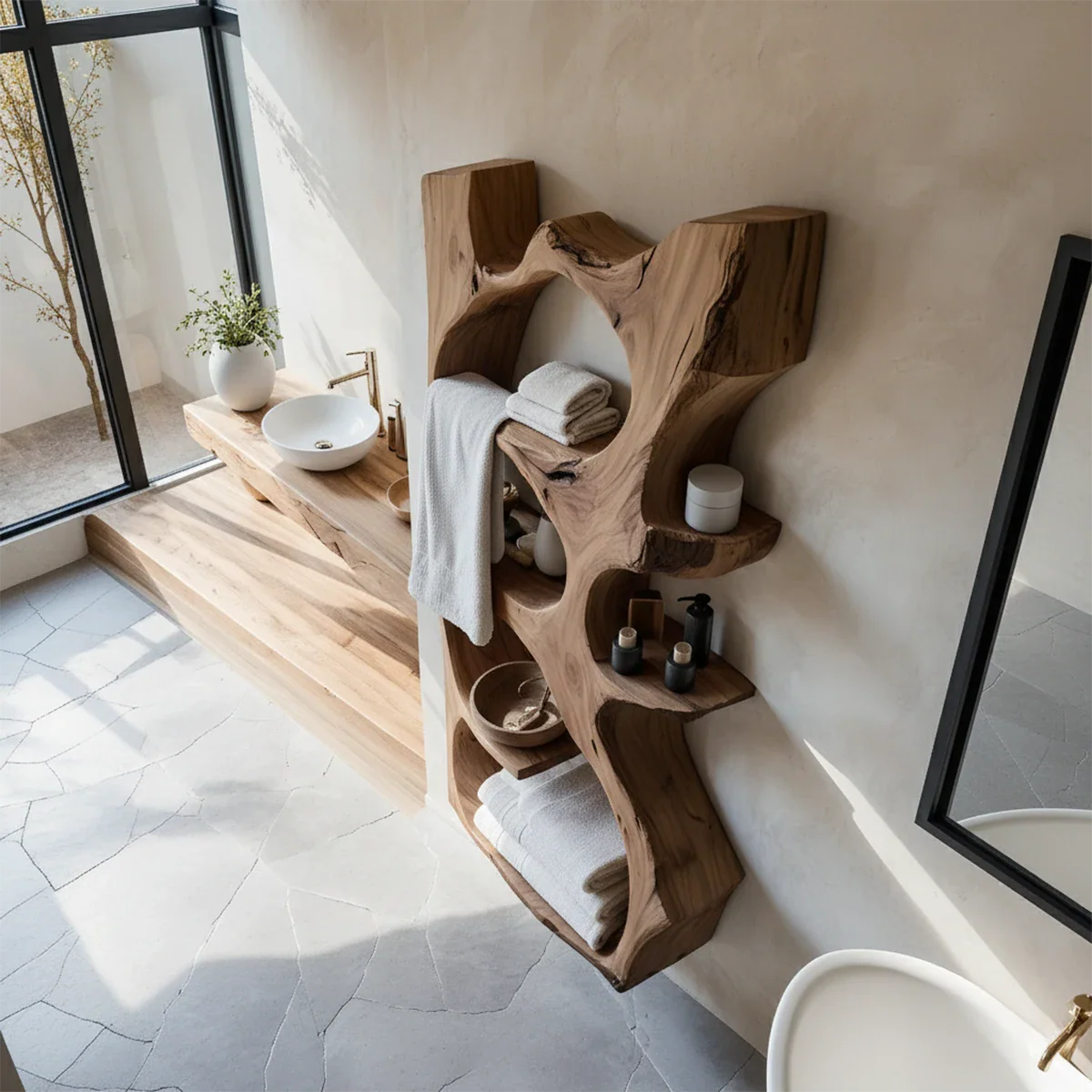 Organic Solid Wood Floating Bathroom Shelf — Sculpted Live Edge - Rustira