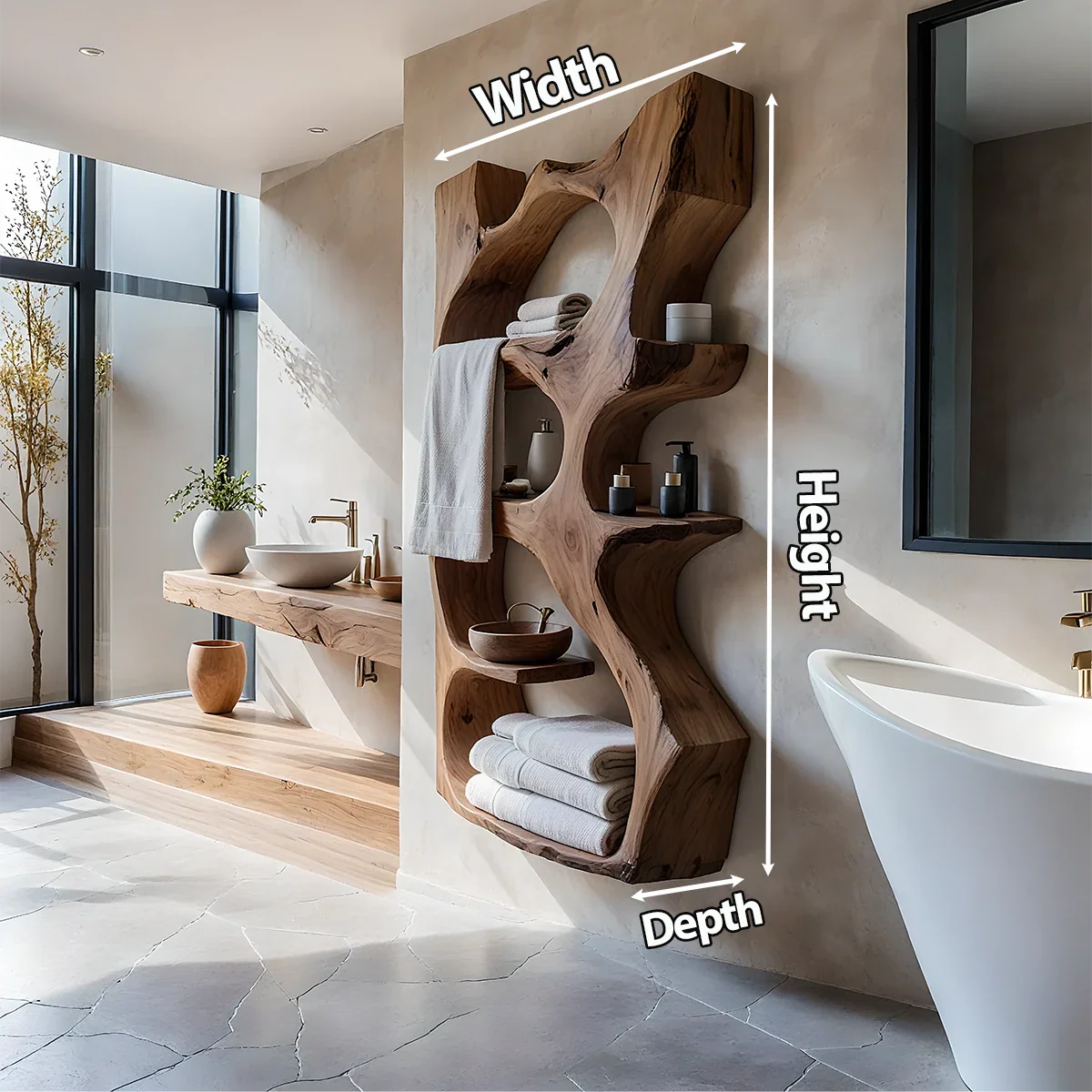 Organic Solid Wood Floating Bathroom Shelf — Sculpted Live Edge - Rustira