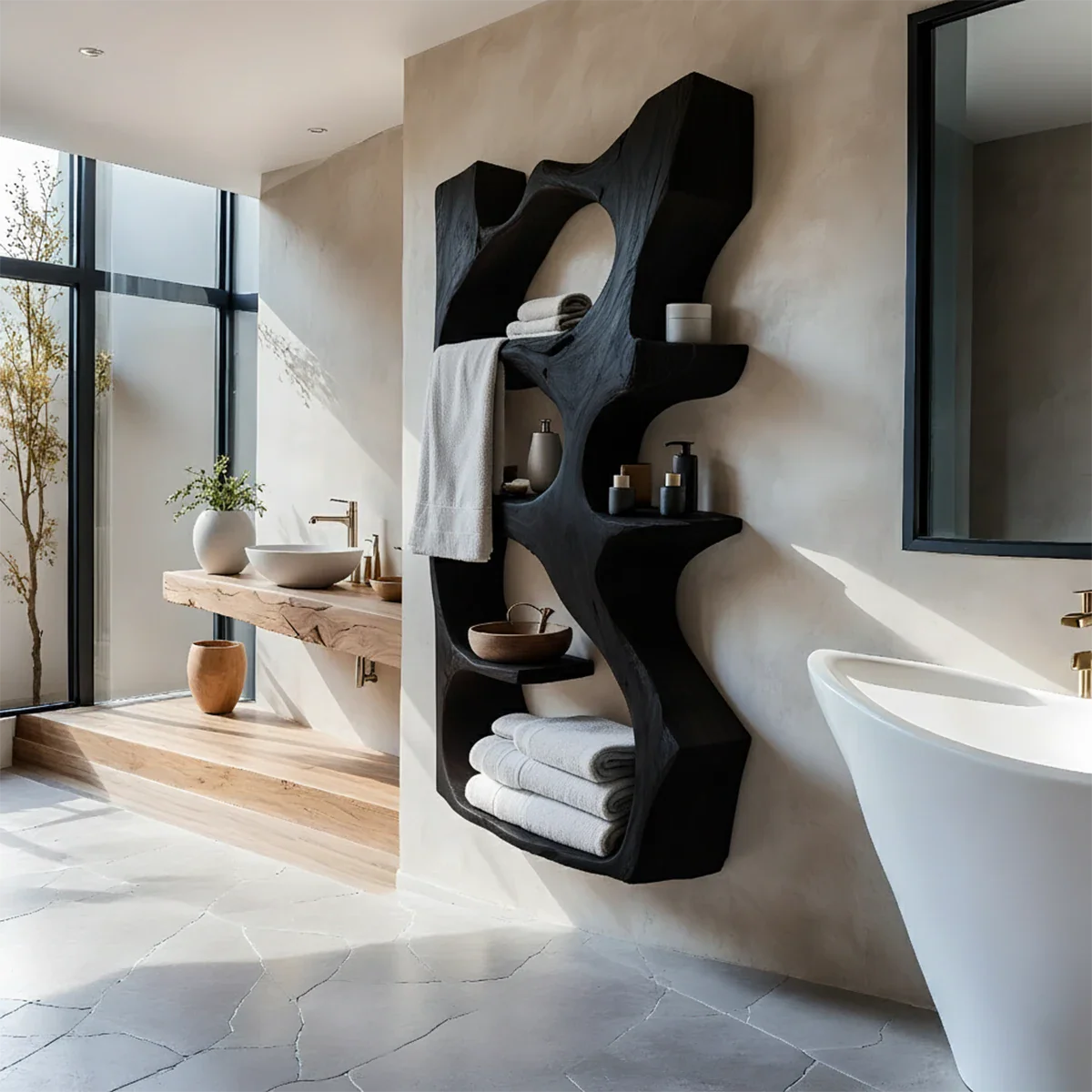 Organic Solid Wood Floating Bathroom Shelf — Sculpted Live Edge - Rustira