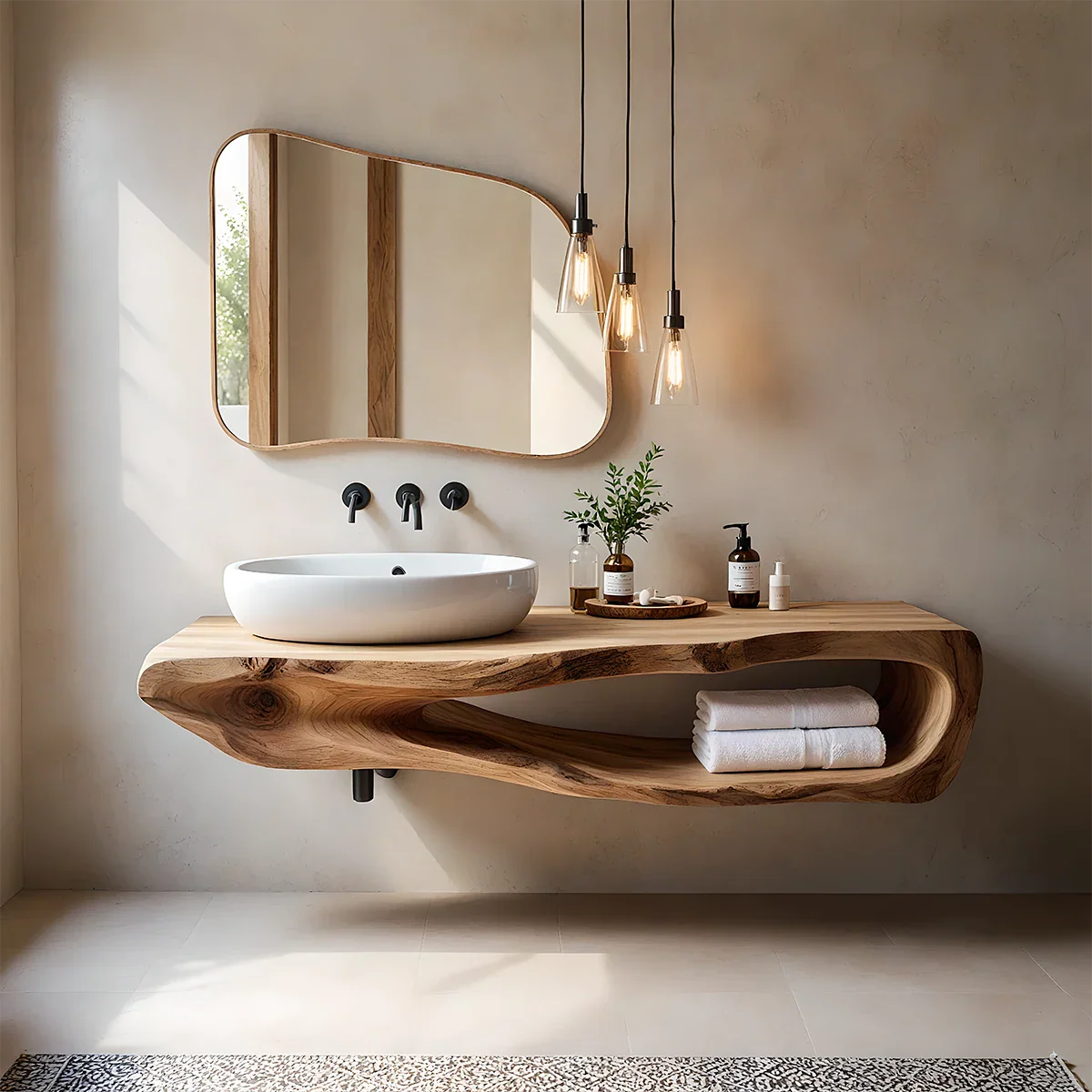 Organic Solid Wood Floating Bathroom Vanity With Open Shelf - Rustira