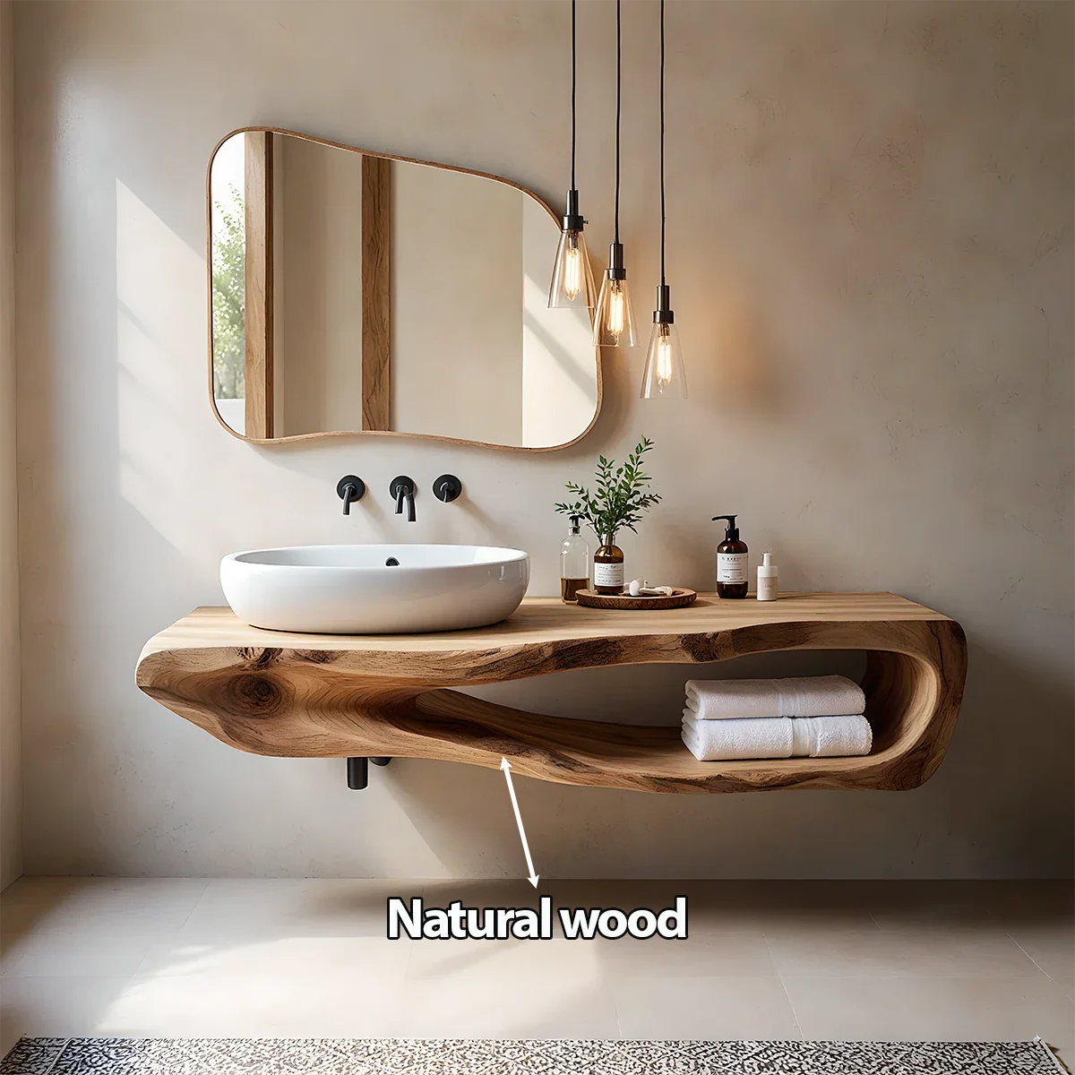 Organic Solid Wood Floating Bathroom Vanity With Open Shelf - Rustira