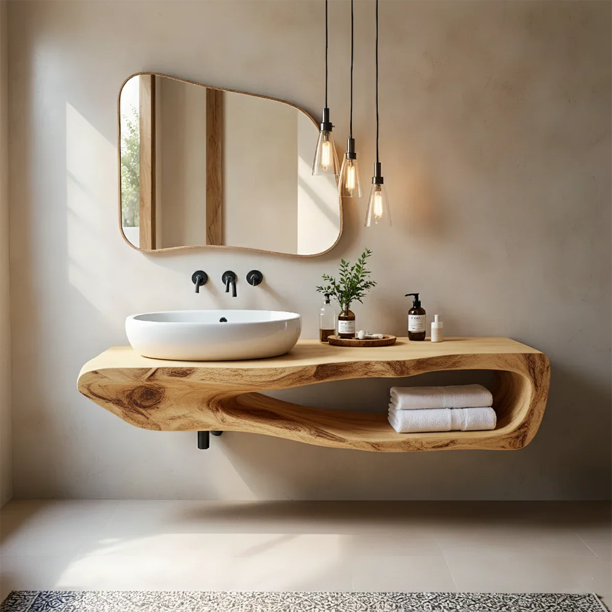 Organic Solid Wood Floating Bathroom Vanity With Open Shelf - Rustira