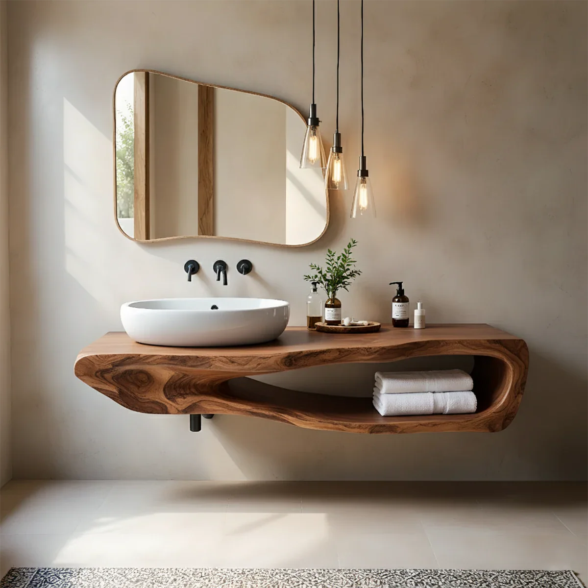 Organic Solid Wood Floating Bathroom Vanity With Open Shelf - Rustira