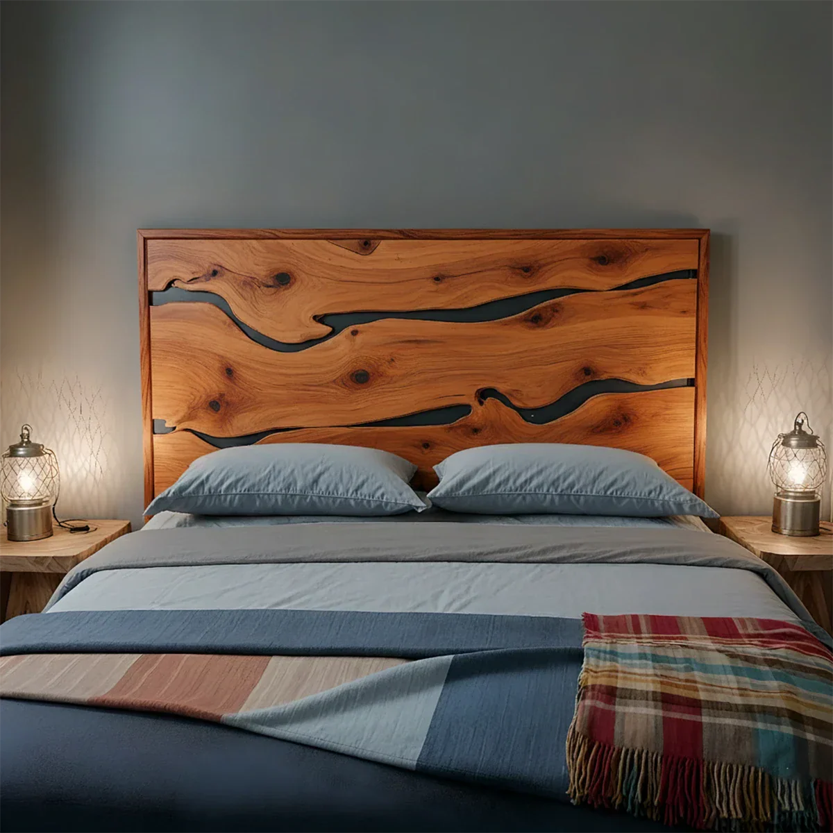 Natural Solid Wood Headboard — Handcrafted Live-Edge Wave Design - Rustirawood