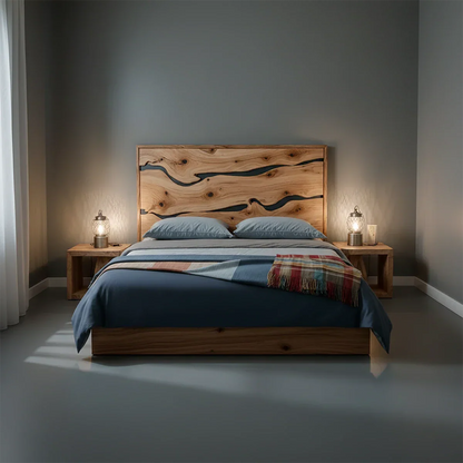 Natural Solid Wood Headboard — Handcrafted Live-Edge Wave Design - Rustirawood