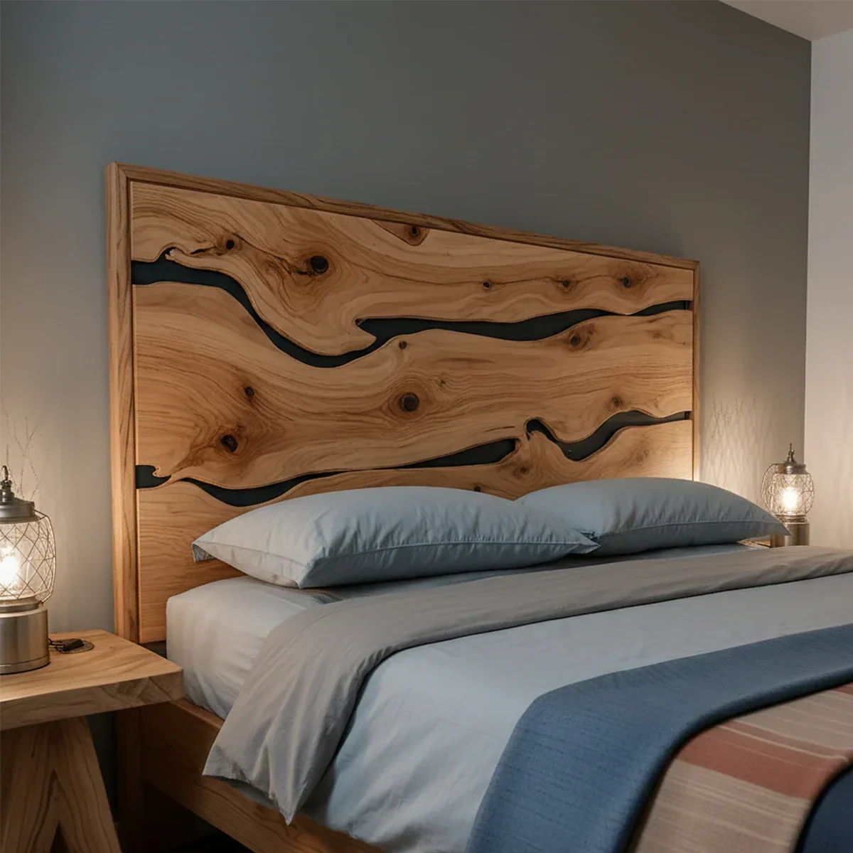 Natural Solid Wood Headboard — Handcrafted Live-Edge Wave Design - Rustirawood