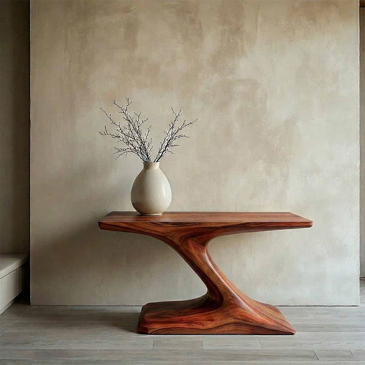 Natural Solid Wood Japandi Sculptural Console Table - Rustirawood