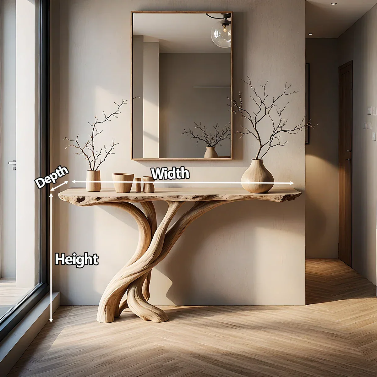 Natural Solid Wood Japandi Twisted-Root Console Table - Rustirawood