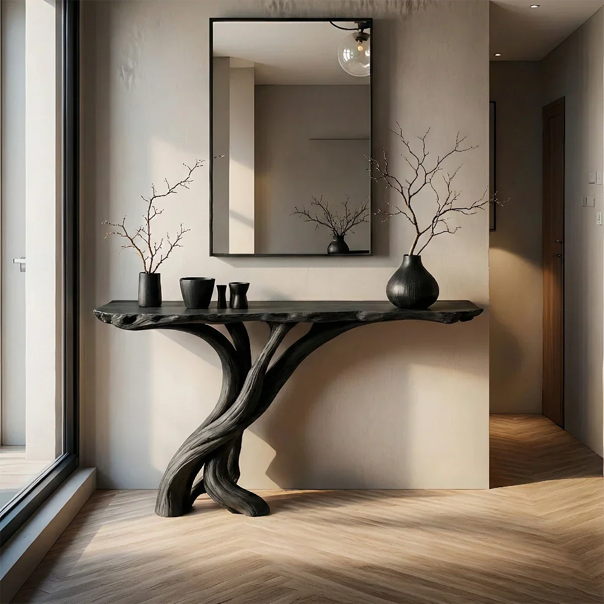 Natural Solid Wood Japandi Twisted-Root Console Table - Rustirawood