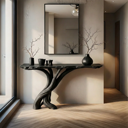 Natural Solid Wood Japandi Twisted-Root Console Table - Rustirawood