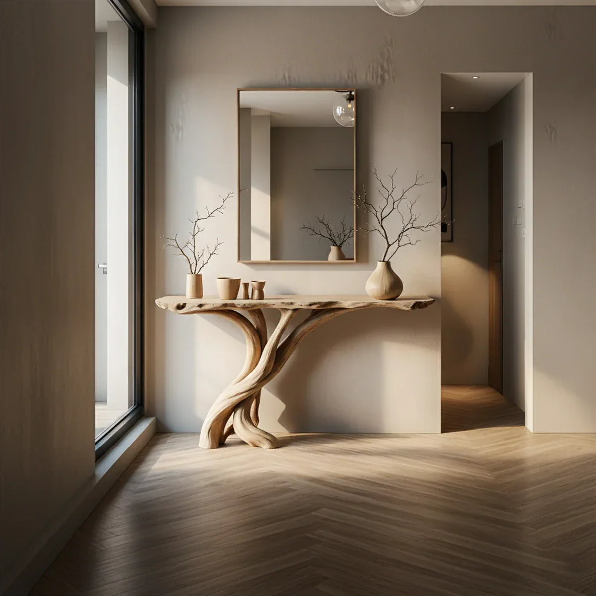 Natural Solid Wood Japandi Twisted-Root Console Table - Rustirawood