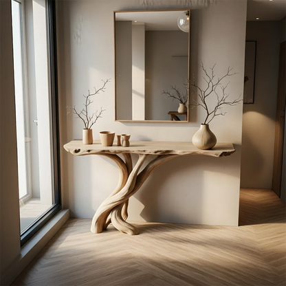 Natural Solid Wood Japandi Twisted-Root Console Table - Rustirawood