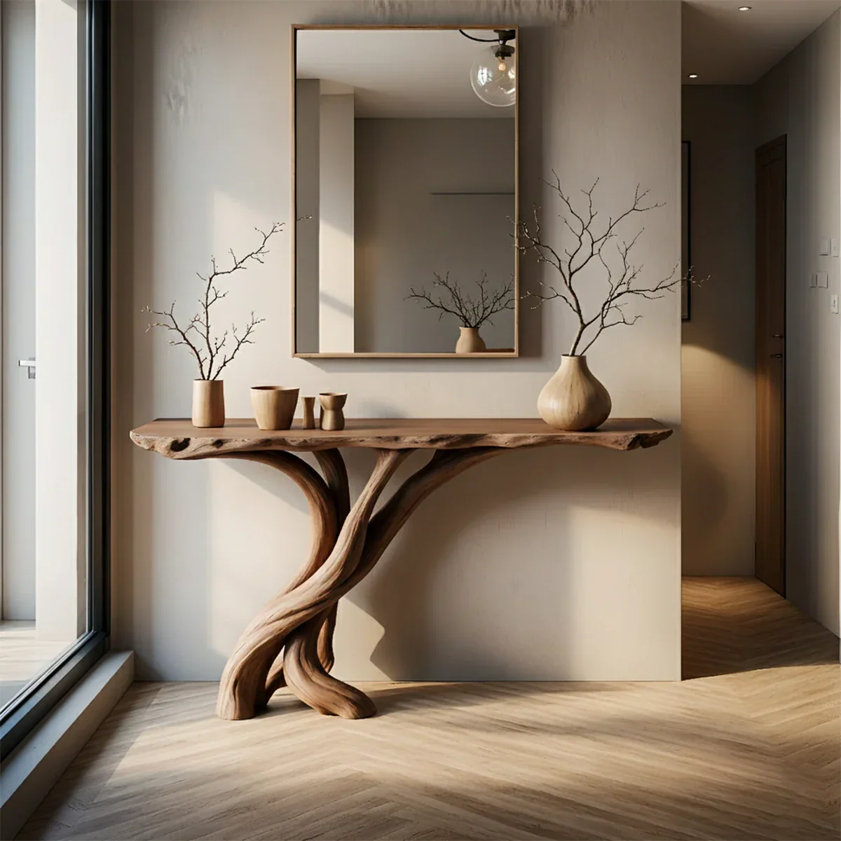 Natural Solid Wood Japandi Twisted-Root Console Table - Rustirawood