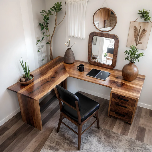 Natural Solid Wood L-Shape Desk with Drawer Cabinet - Rustirawood