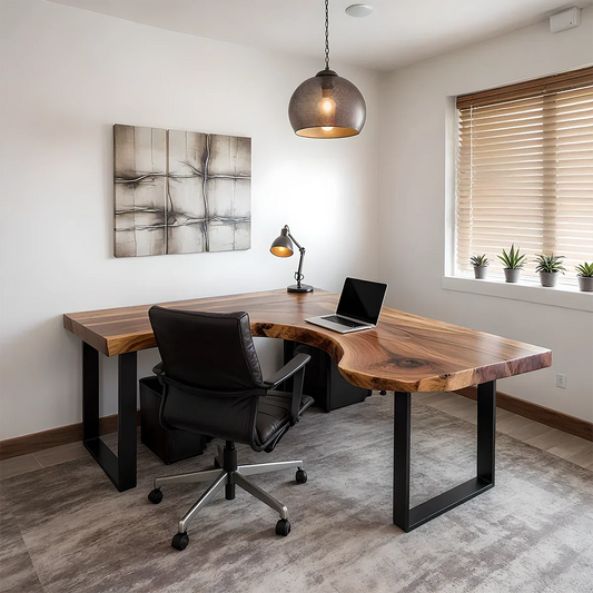 Natural Solid Wood L-Shape Live Edge Desk with Modern Steel Base - Rustirawood
