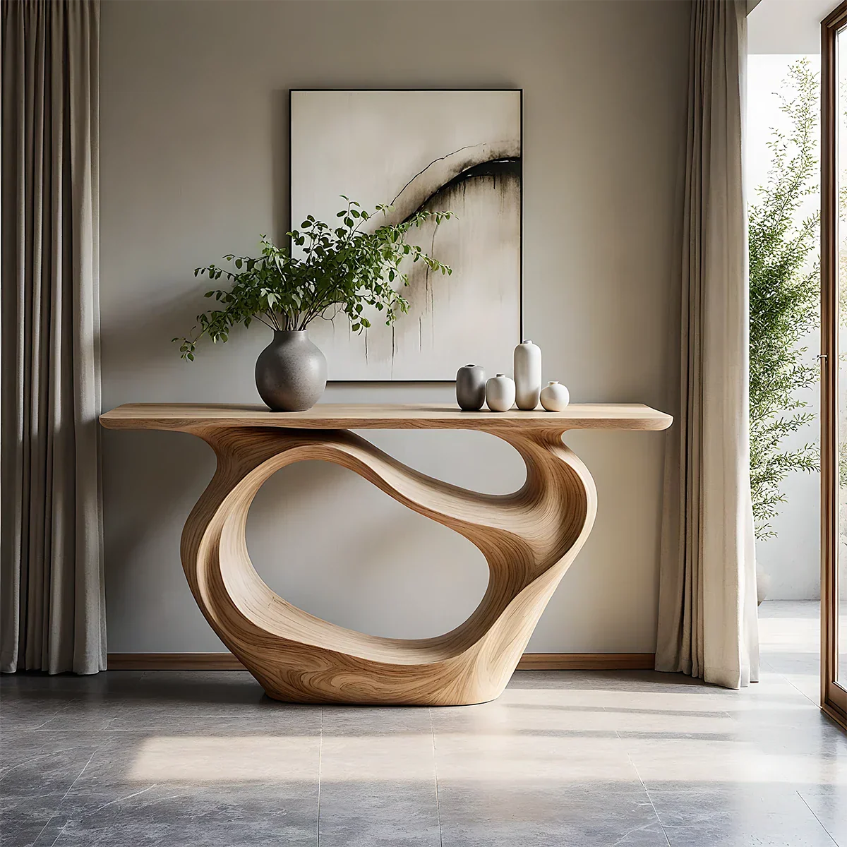 Natural Solid Wood Modern Sculptural Wave Console Table - Rustirawood