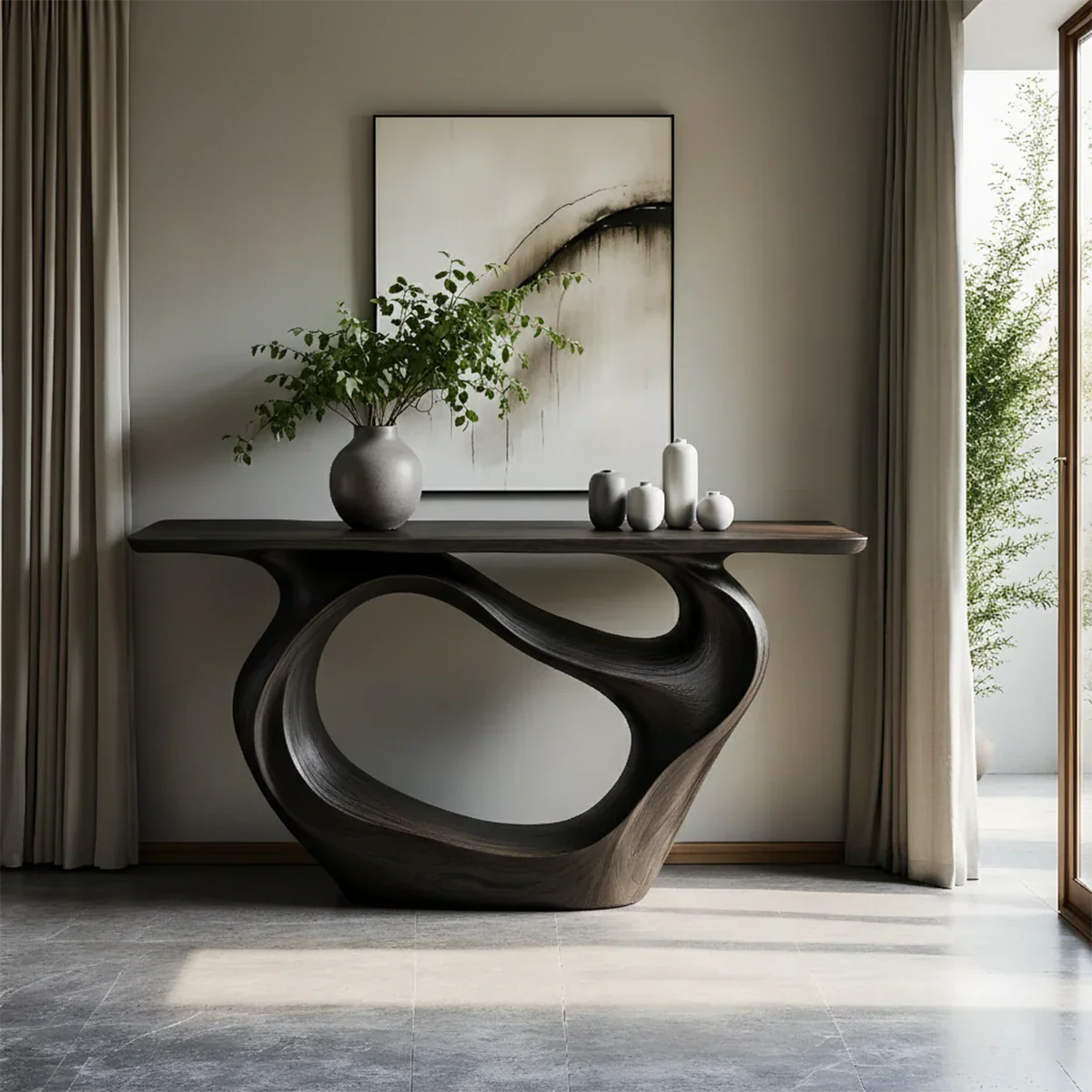 Natural Solid Wood Modern Sculptural Wave Console Table - Rustirawood