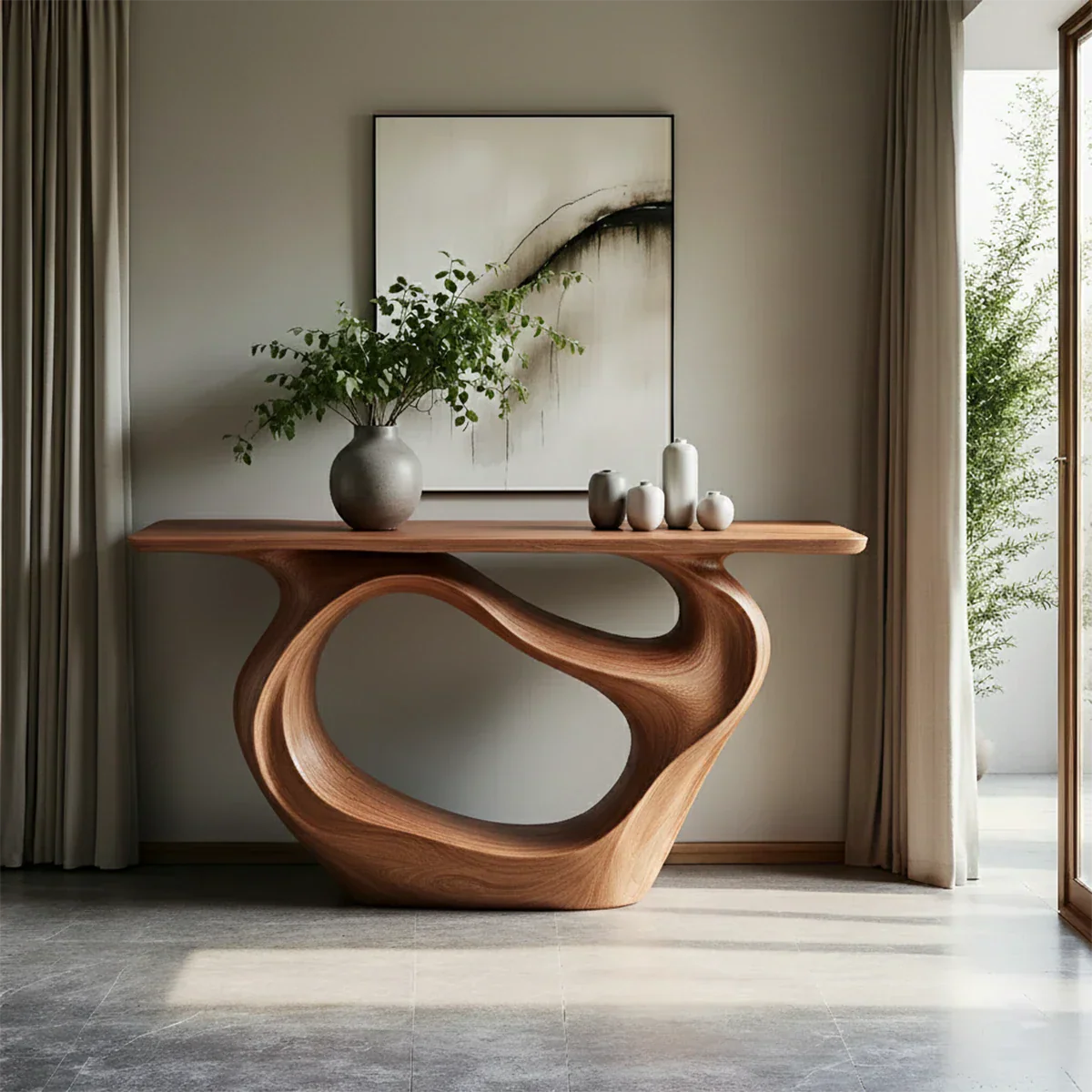 Natural Solid Wood Modern Sculptural Wave Console Table - Rustirawood