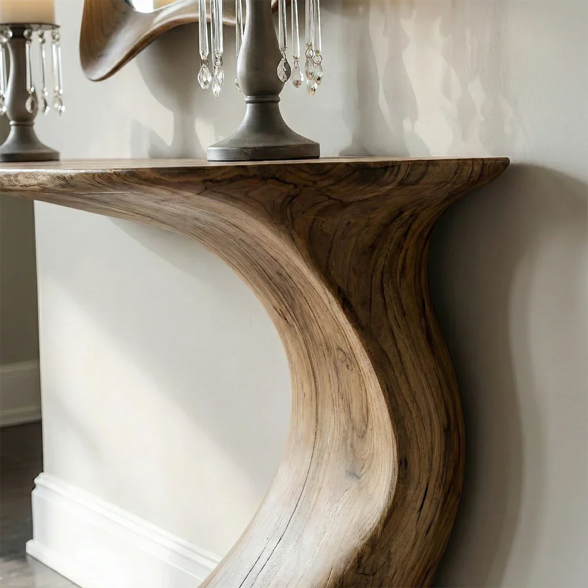 Natural Solid Wood Sculptural Console Table in Modern Wabi-Sabi Form - Rustirawood