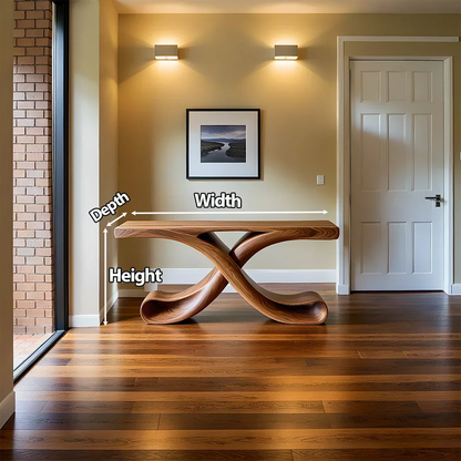 Natural Solid Wood Sculptural Console with Flowing Curved Base – Modern Japandi - Rustirawood