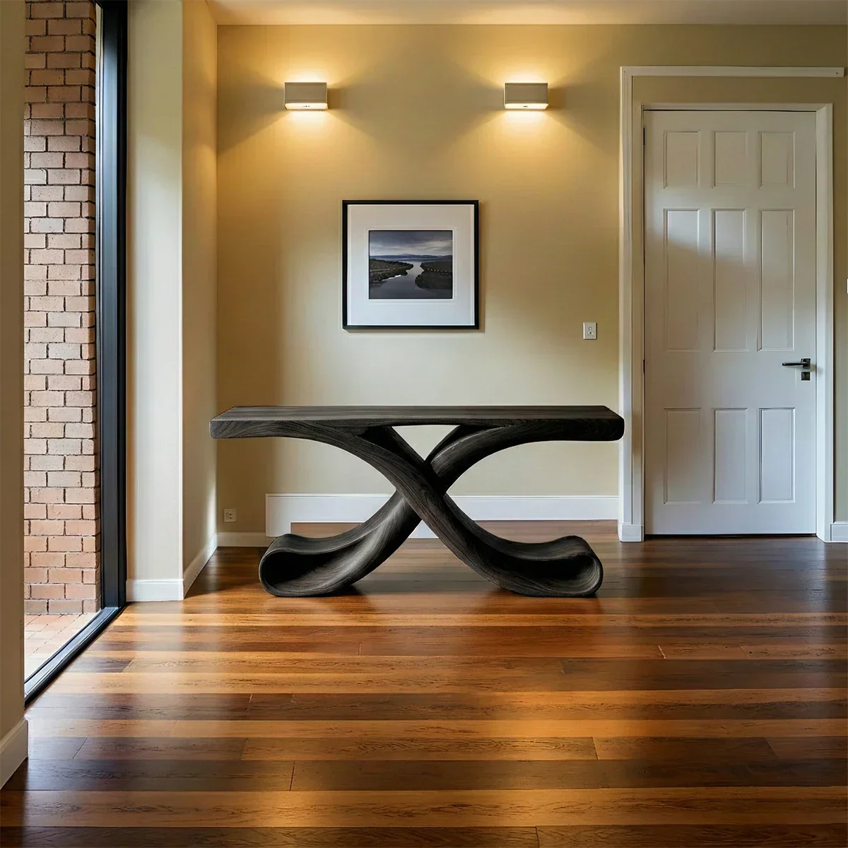 Natural Solid Wood Sculptural Console with Flowing Curved Base – Modern Japandi - Rustirawood